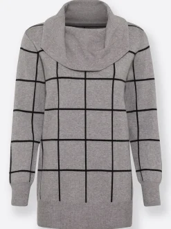 Pullover| Jacquardpullover mit großem Rollkragen grau-meliert