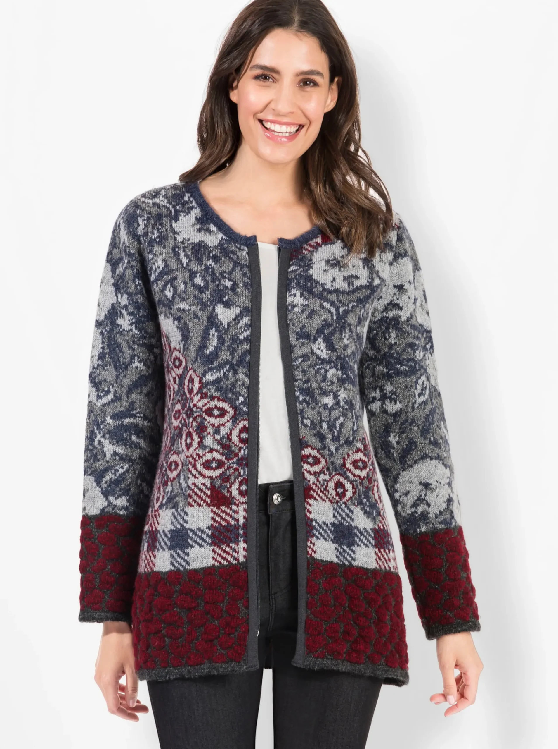 Strickjacken| Jacquardstrickjacke für Drinnen und Draußen rauchblau-gemustert
