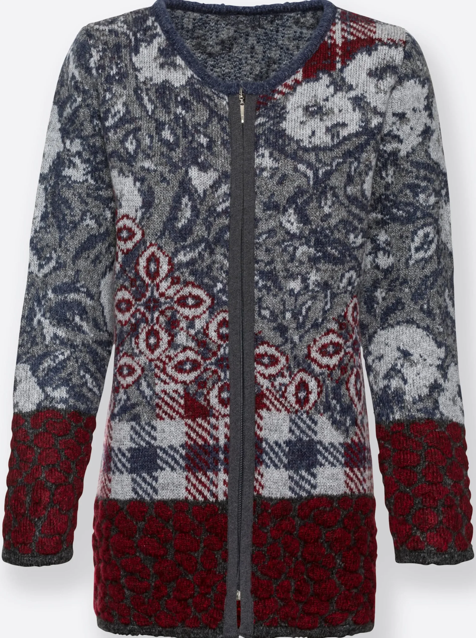 Strickjacken| Jacquardstrickjacke für Drinnen und Draußen rauchblau-gemustert
