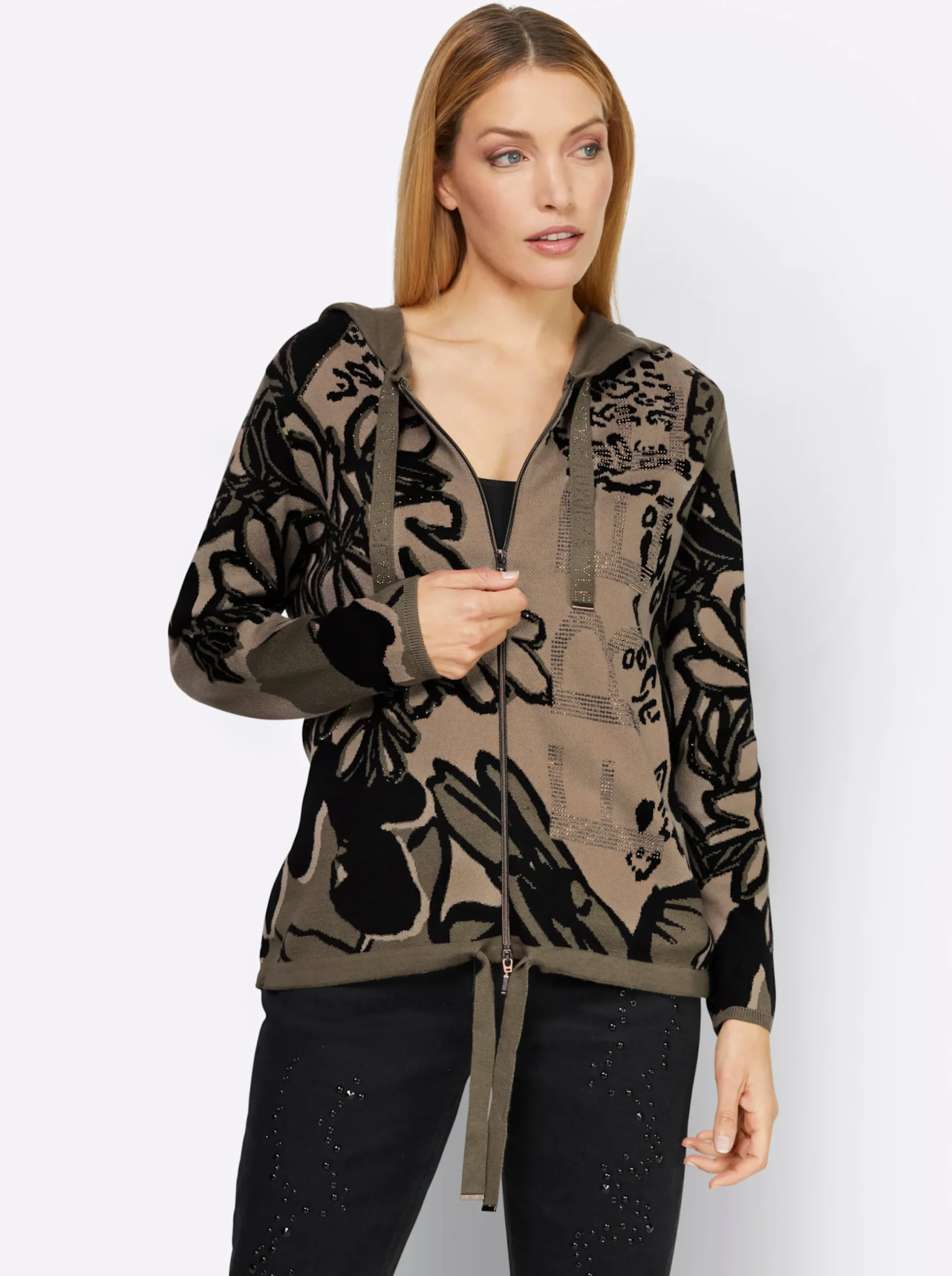 Strickjacken|heine Jacquardstrickjacke mit weitenverstellbarer Kapuze khaki-schlamm-gemustert