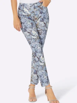 Jeans| 7/8-Jeans hellblau-ecru-bedruckt