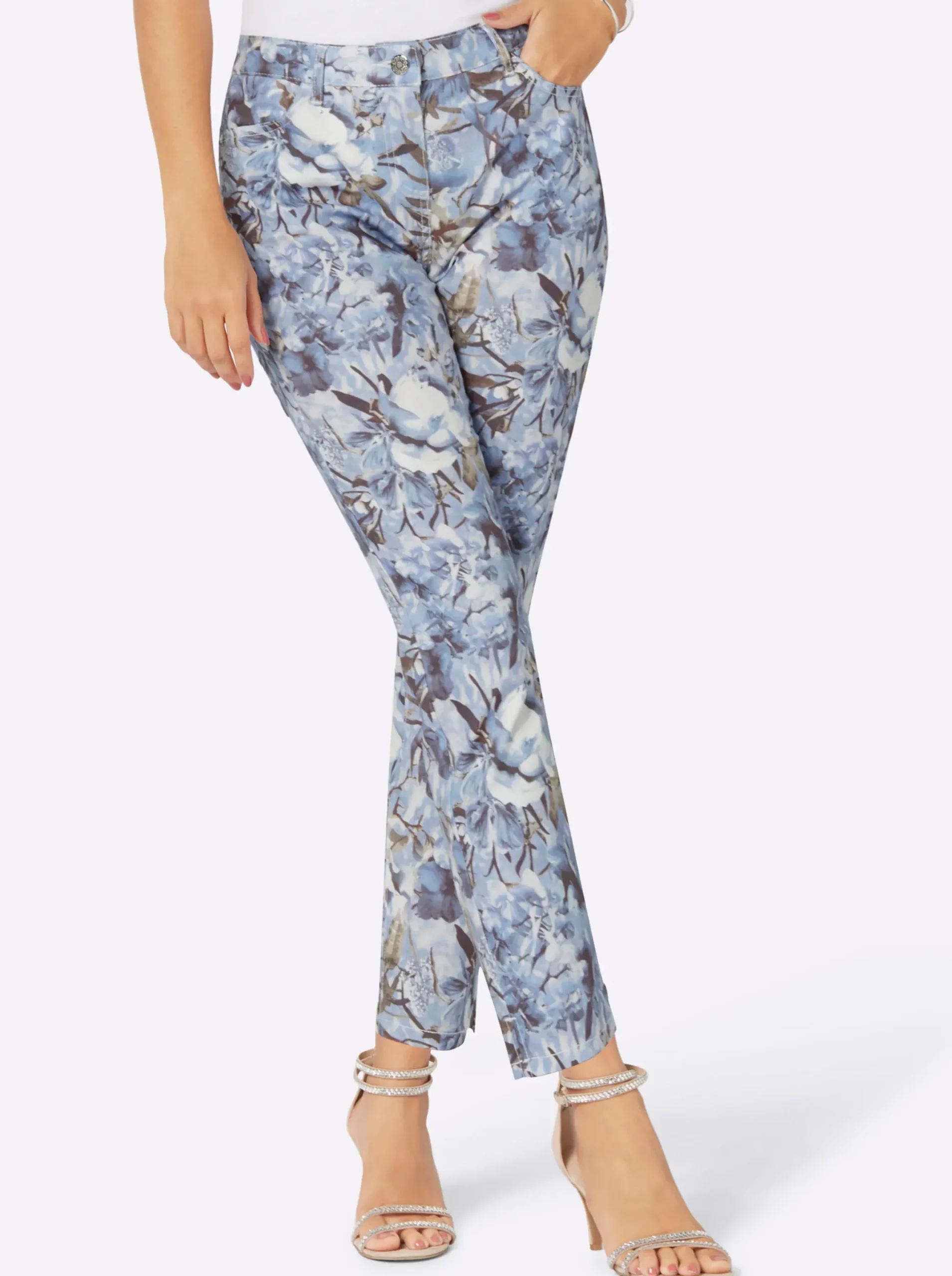 Jeans| 7/8-Jeans hellblau-ecru-bedruckt