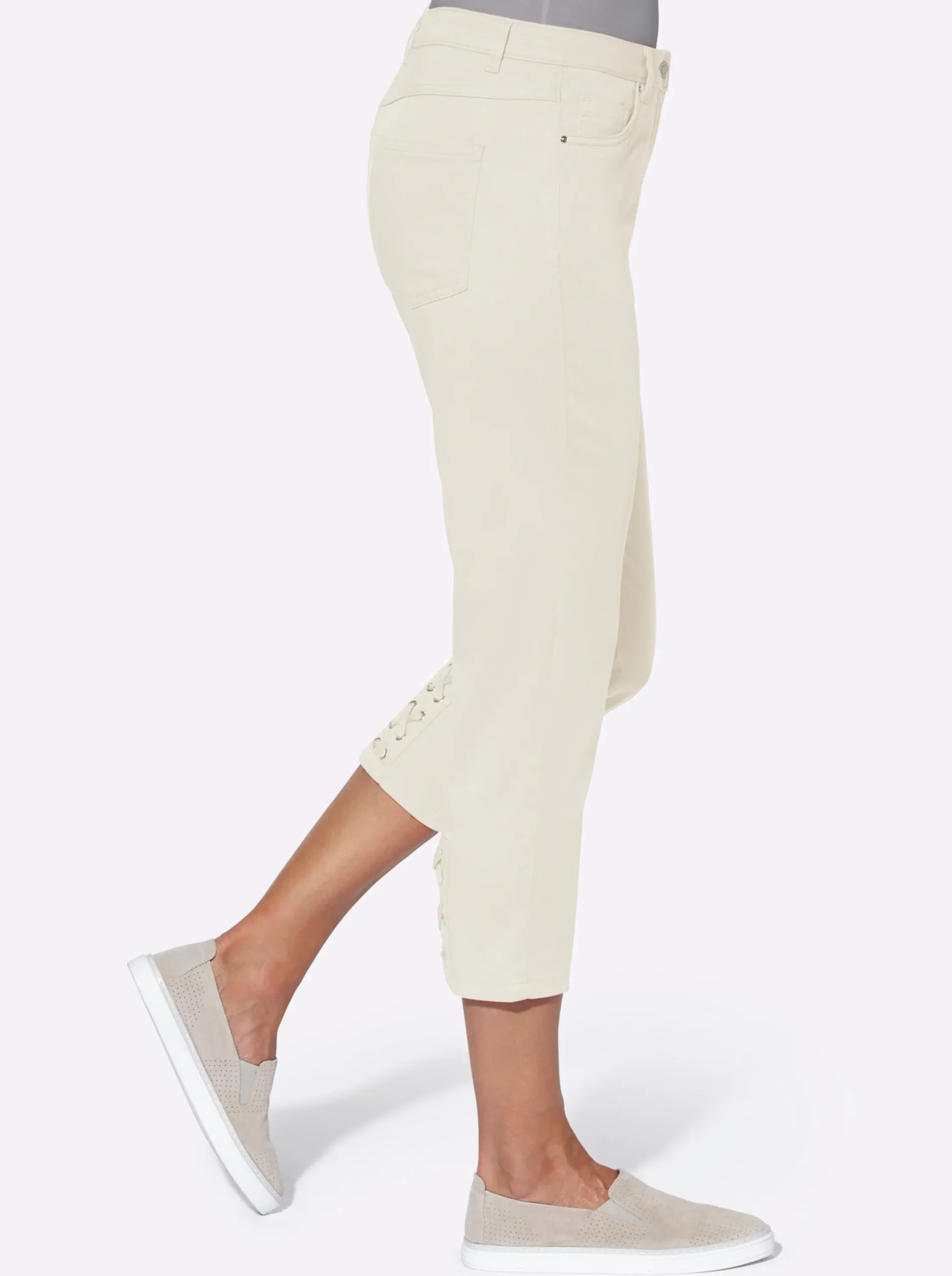 Jeans| 3/4-Jeans mit Bändchen-Verzierung weiß