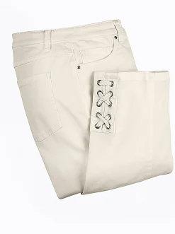 Jeans| 3/4-Jeans mit Bändchen-Verzierung weiß