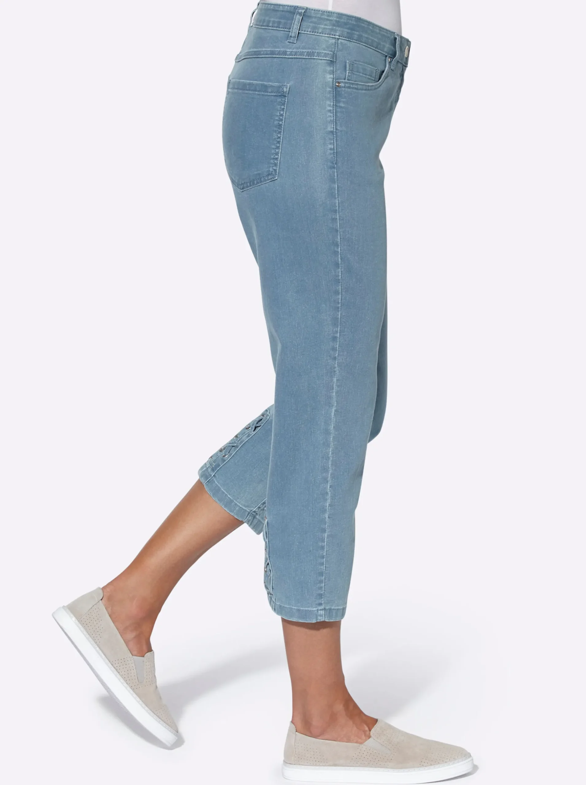 Jeans| 3/4-Jeans mit Bändchen-Verzierung blue-bleached