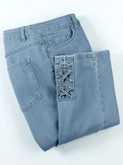 Jeans| 3/4-Jeans mit Bändchen-Verzierung blue-bleached