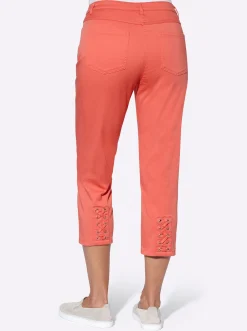 Jeans| 3/4-Jeans mit Bändchen-Verzierung koralle