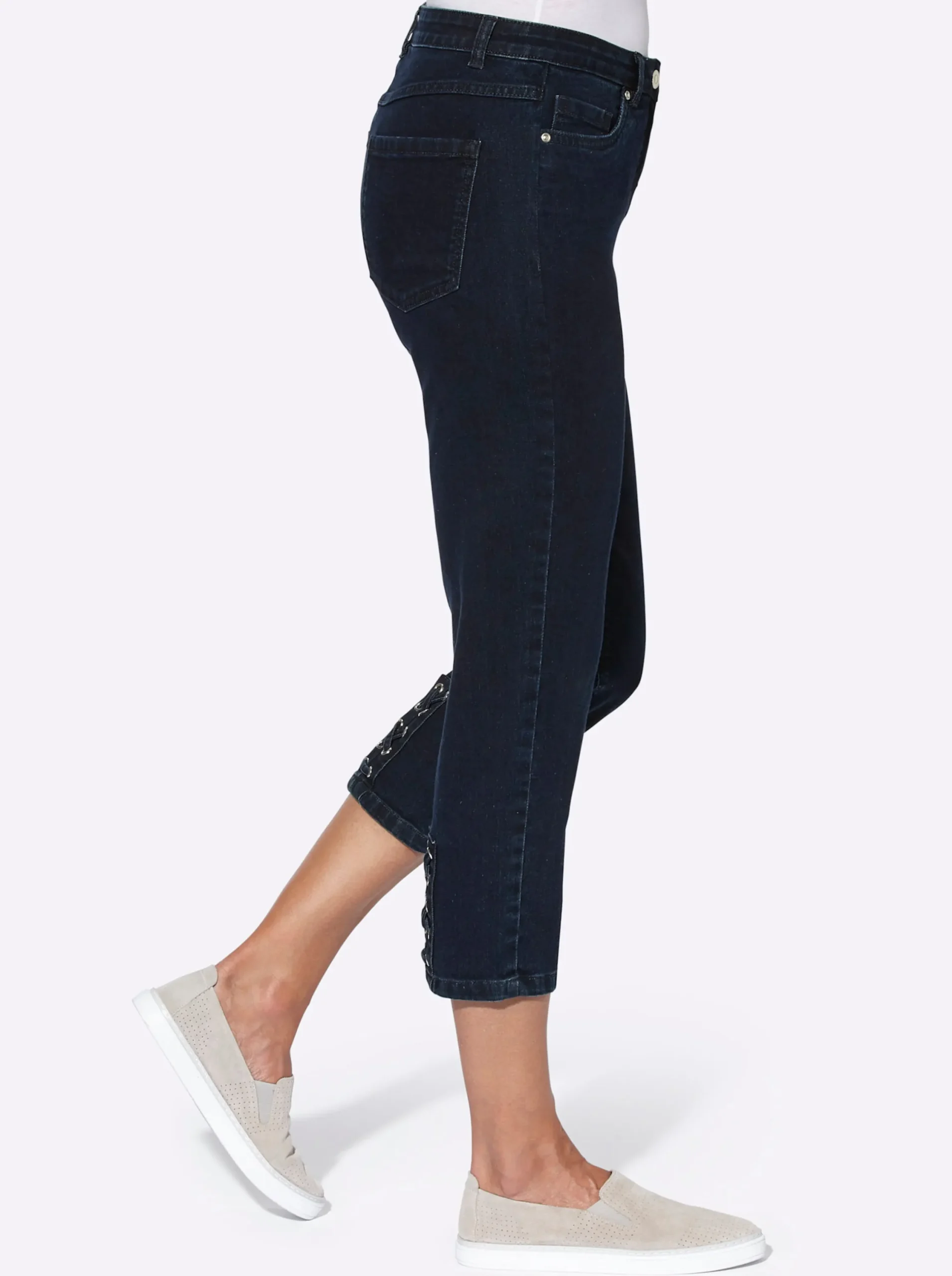 Jeans| 3/4-Jeans mit Bändchen-Verzierung darkblue-denim
