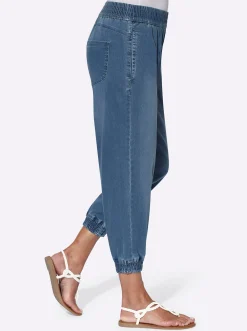 Jeans| 7/8-Jeans mit Smokpartie an Bund und Beinabschluss blue-bleached