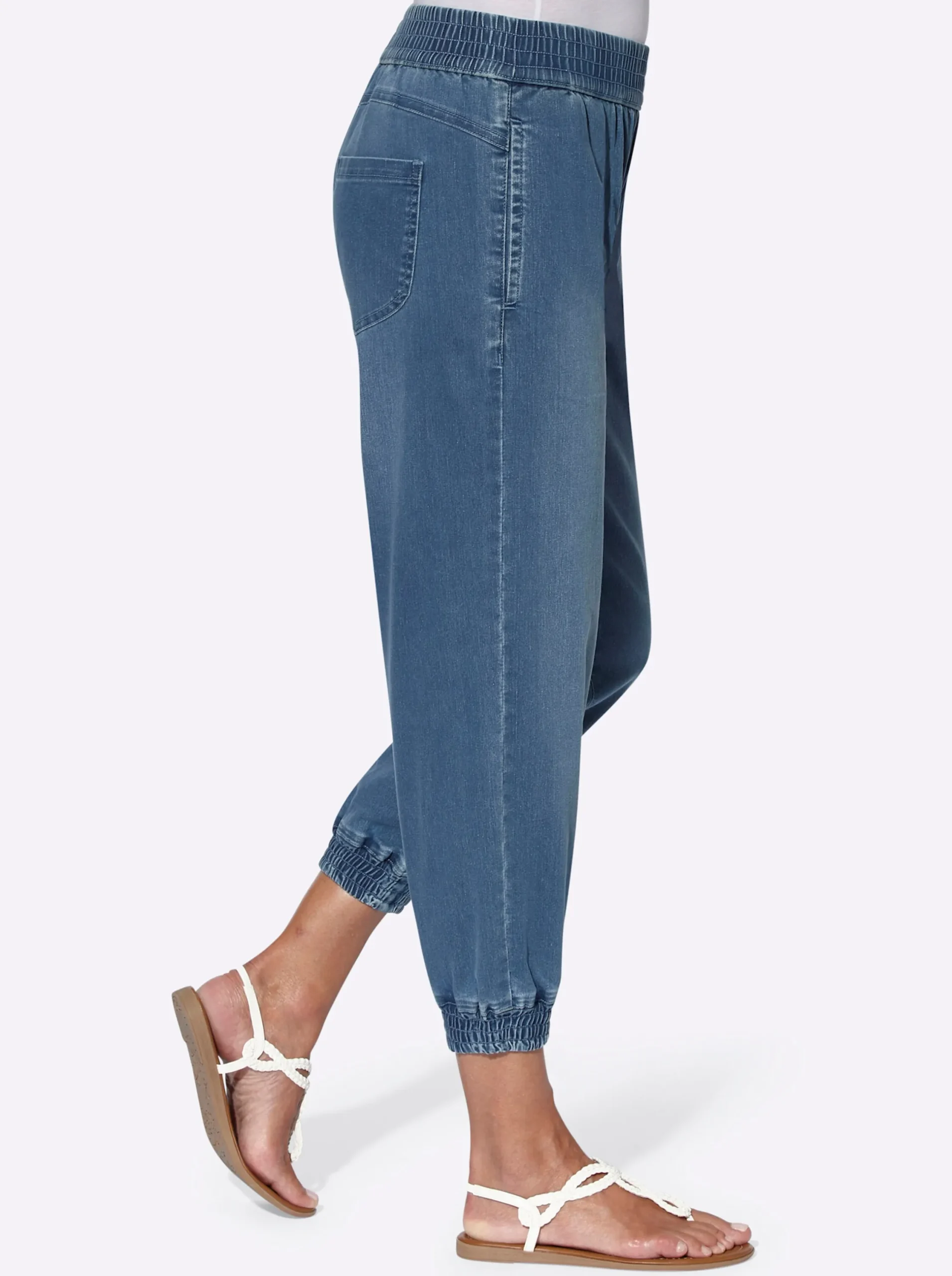 Jeans| 7/8-Jeans mit Smokpartie an Bund und Beinabschluss blue-bleached