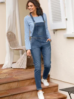 Jeans| Jeanslatzhose in Used-Optik blue-stone-washed
