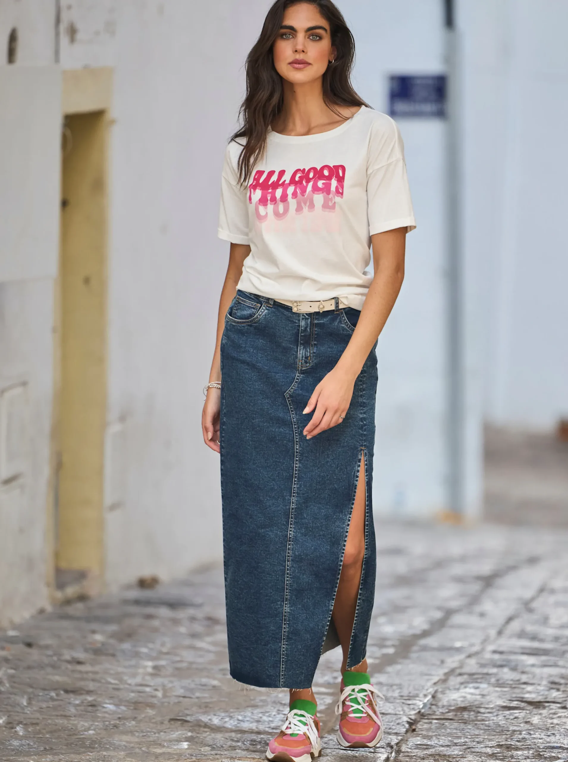 Röcke|heine Jeansrock mit extra langem Seitenschlitz blue-stone-washed