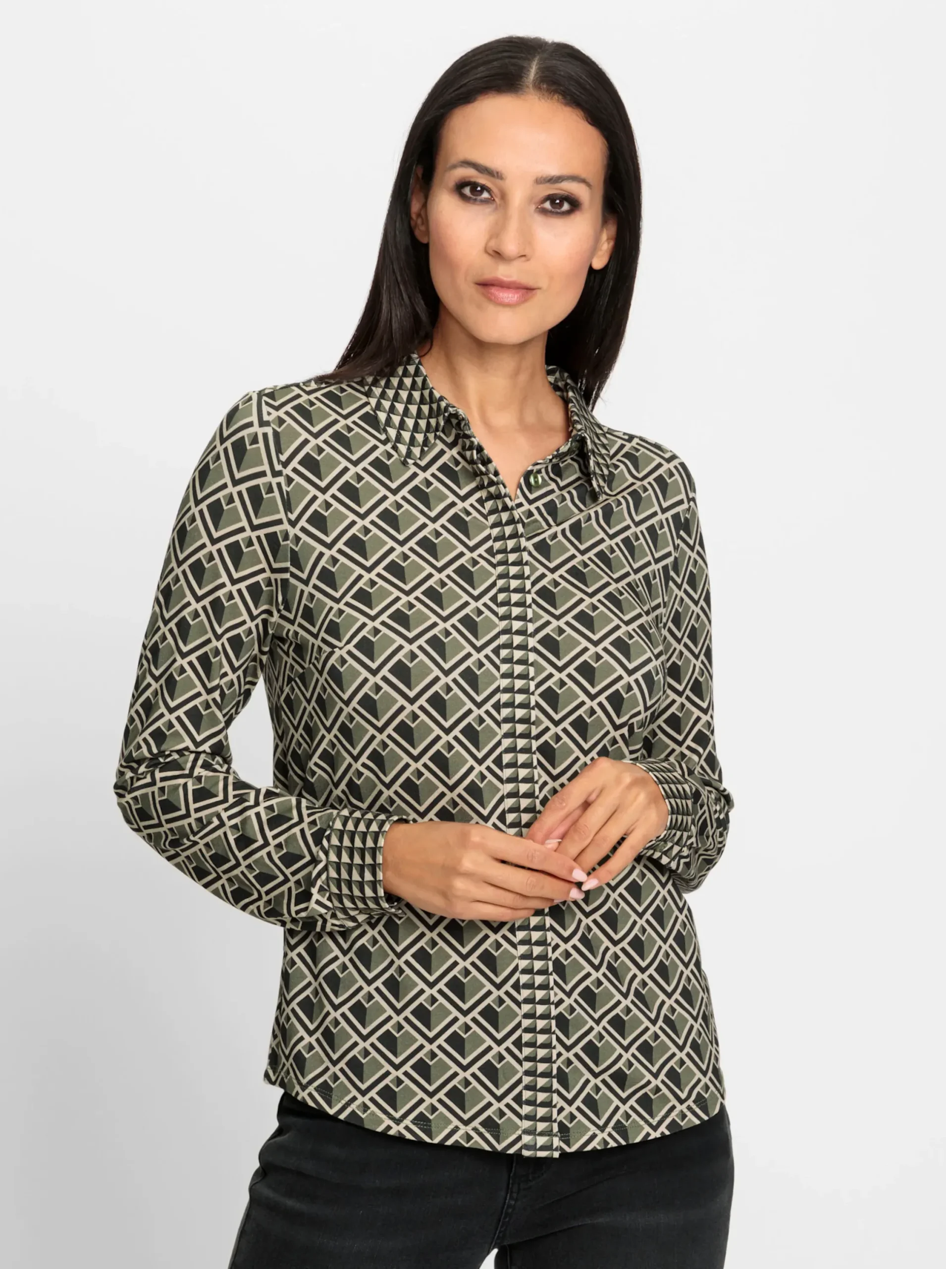 Blusen|Shirts|heine Jersey-Bluse khaki-graphit-bedruckt