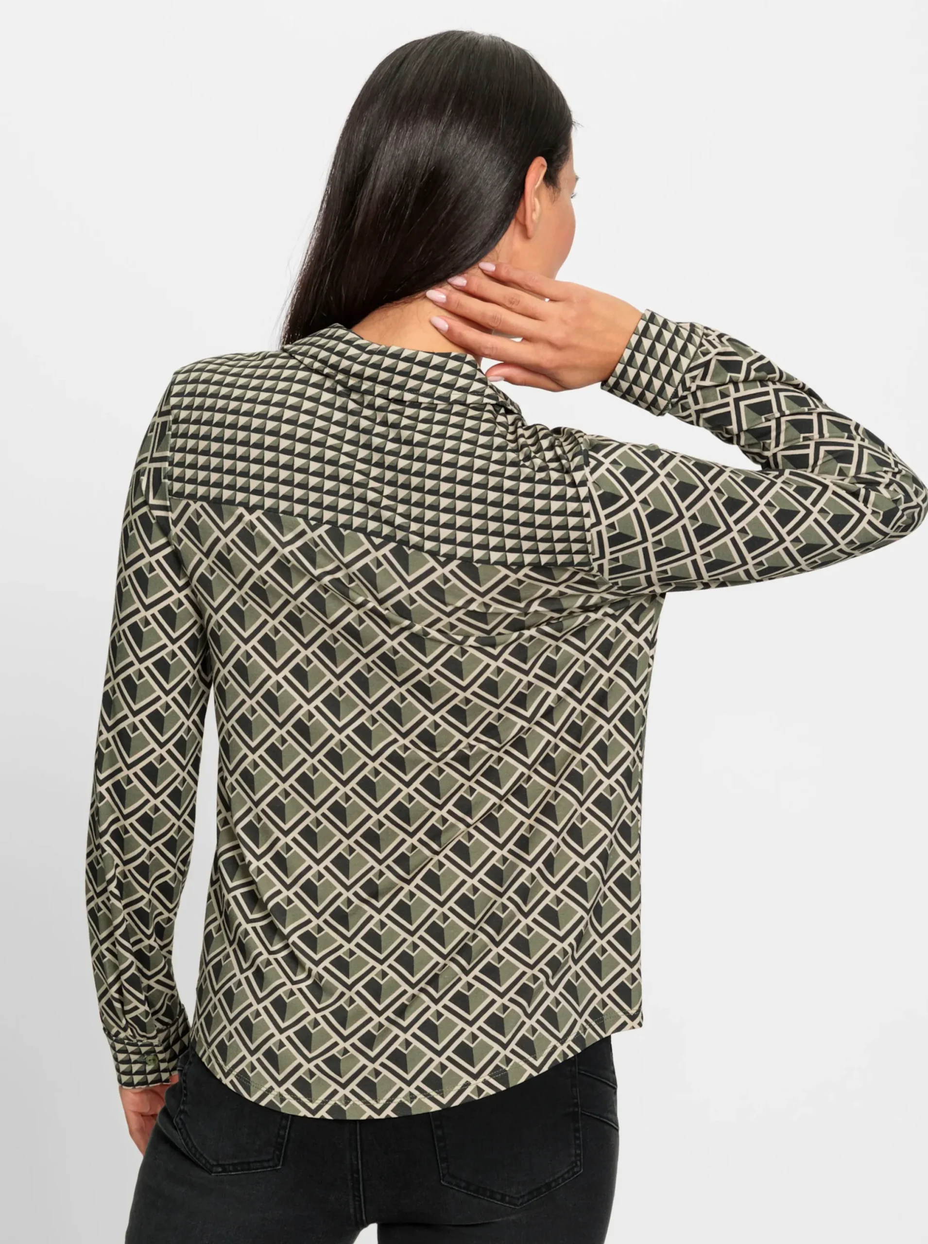Blusen|Shirts|heine Jersey-Bluse khaki-graphit-bedruckt