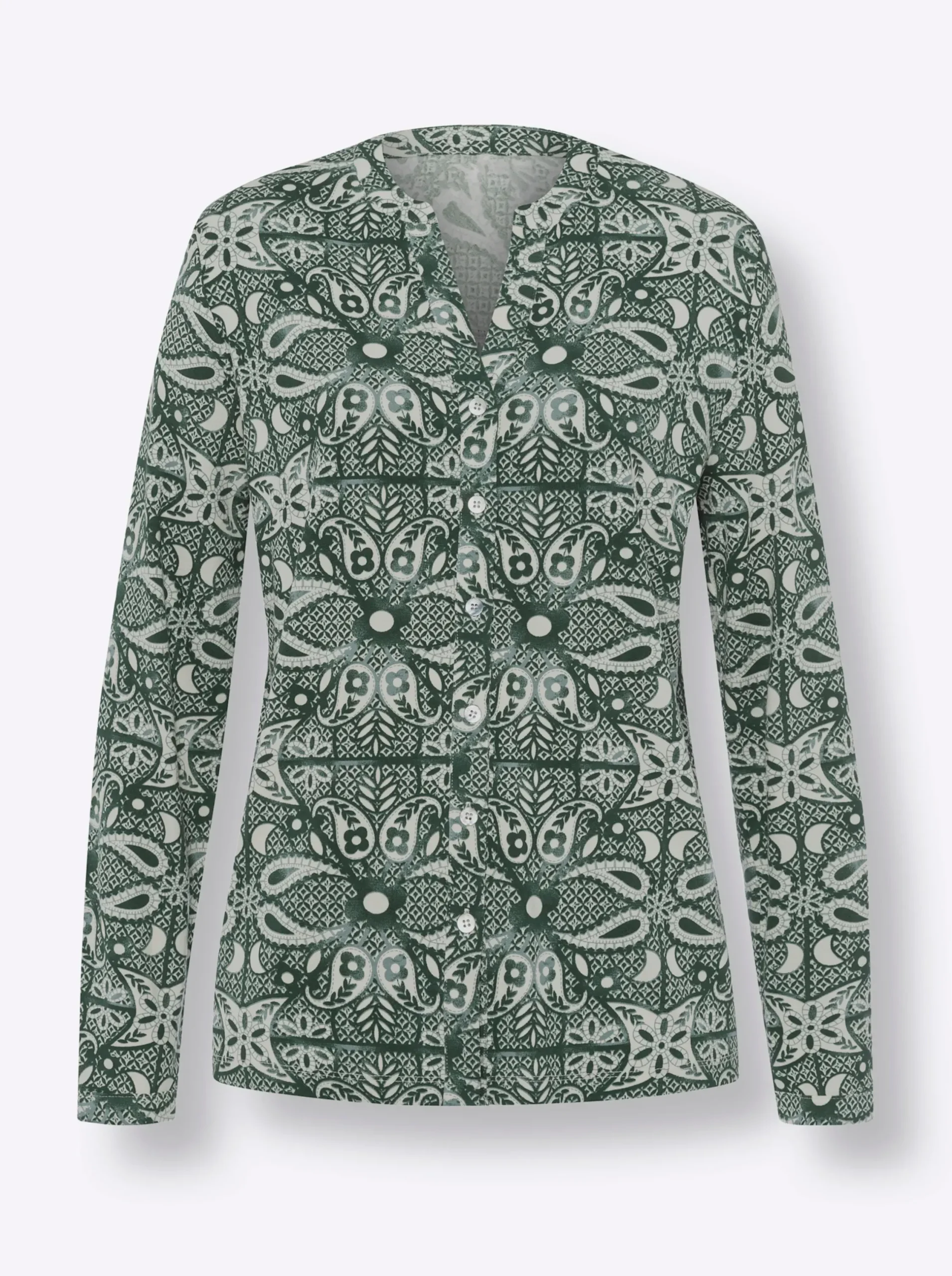 Blusen|heine Jersey-Bluse moos-champagner-bedruckt