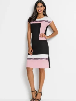 Kleider| Jerseykleid schwarz-hellrosé-gemustert