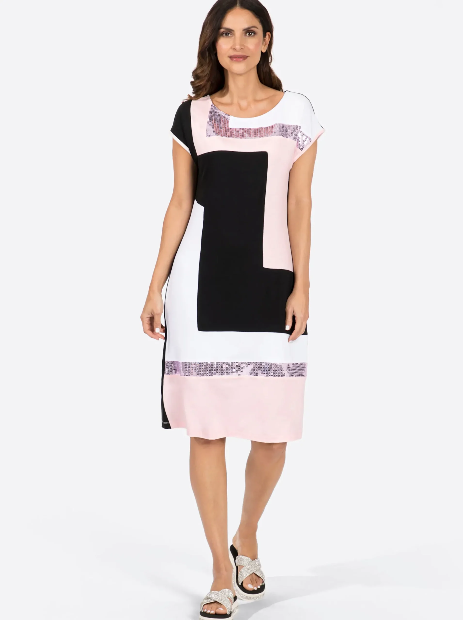 Kleider| Jerseykleid schwarz-hellrosé-gemustert
