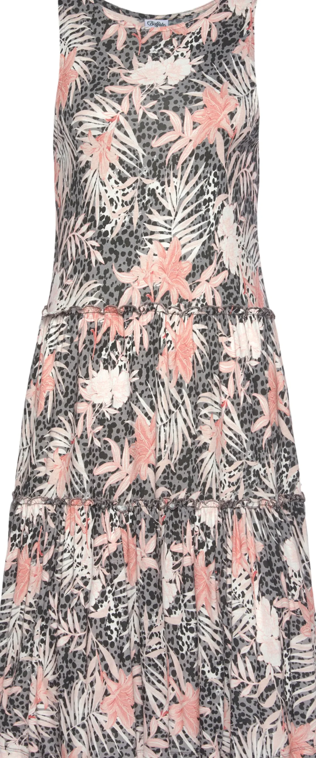Strandkleider|Buffalo Jerseykleid weiß-grau-koralle-bedruckt