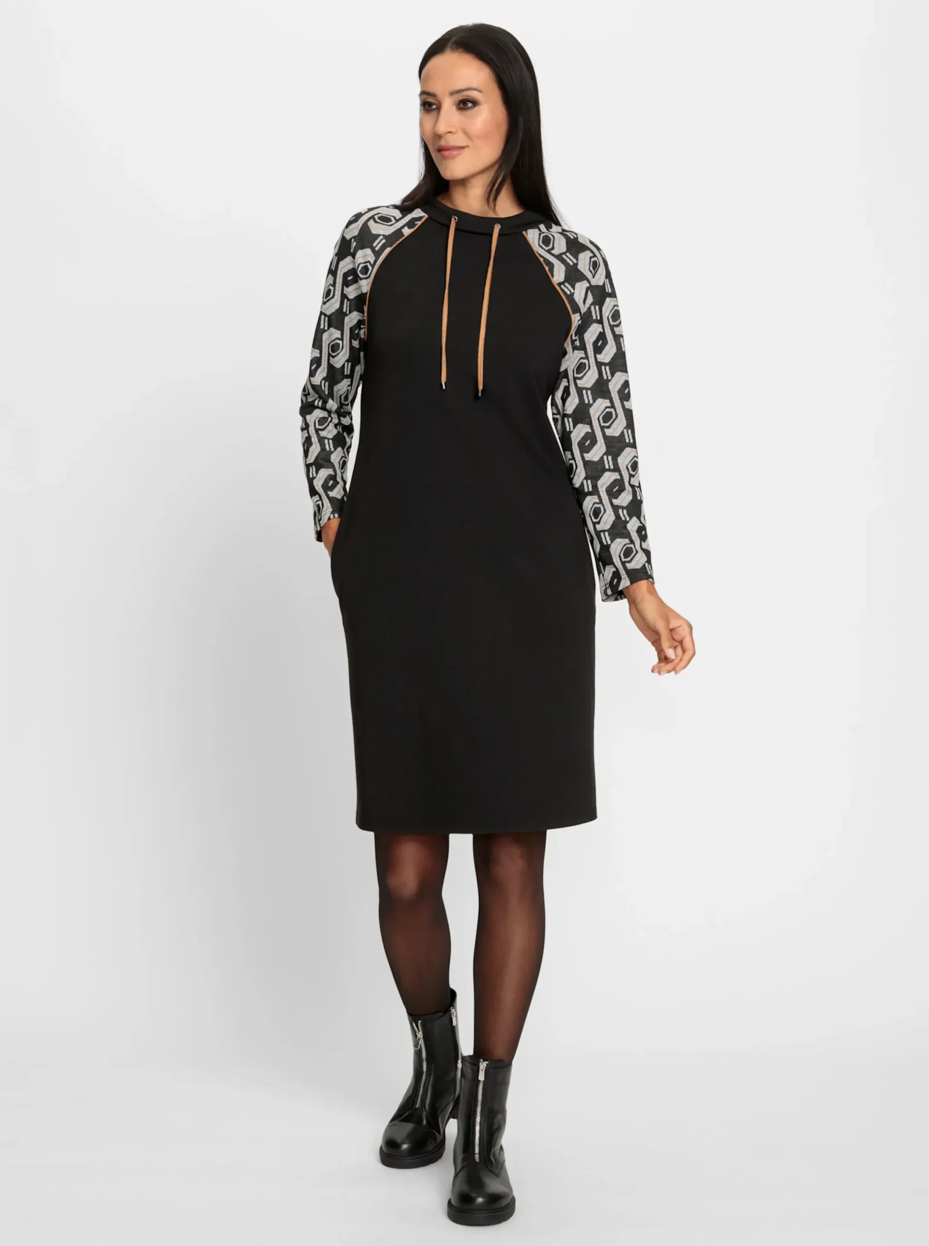 Kleider|heine Jersey-Kleid schwarz-camel-bedruckt