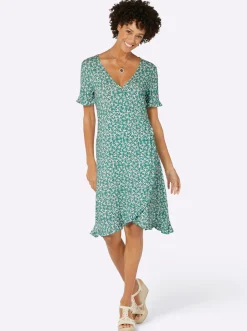 Strandkleider|Kleider| Jerseykleid in Wickel-Optik salbei-bedruckt