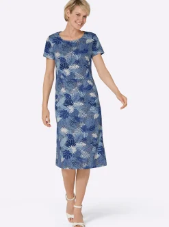 Kleider| Jerseykleid mit Blättermuster bleu-royalblau-bedruckt