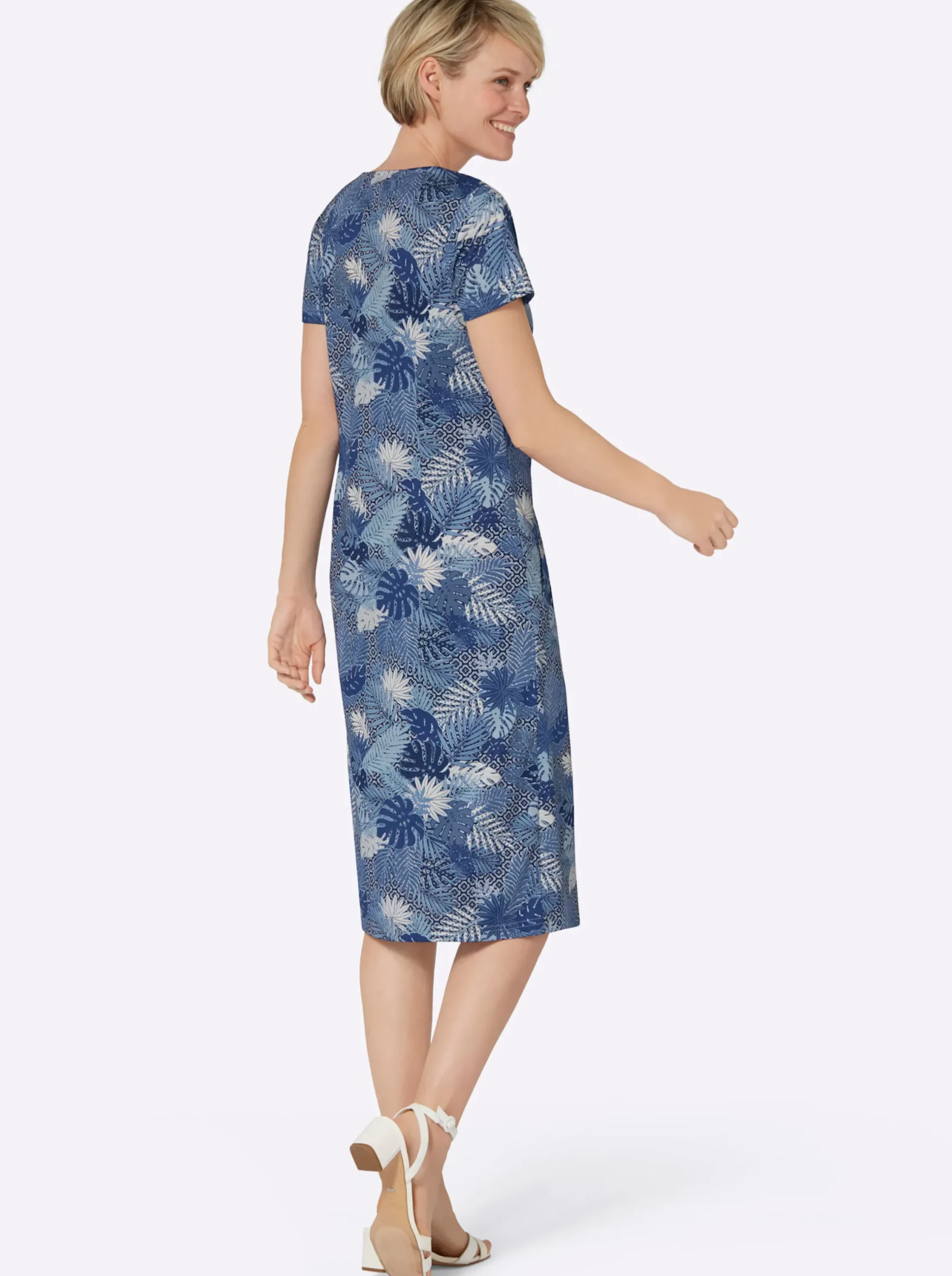 Kleider| Jerseykleid mit Blättermuster bleu-royalblau-bedruckt