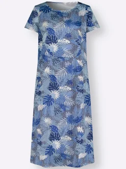 Kleider| Jerseykleid mit Blättermuster bleu-royalblau-bedruckt