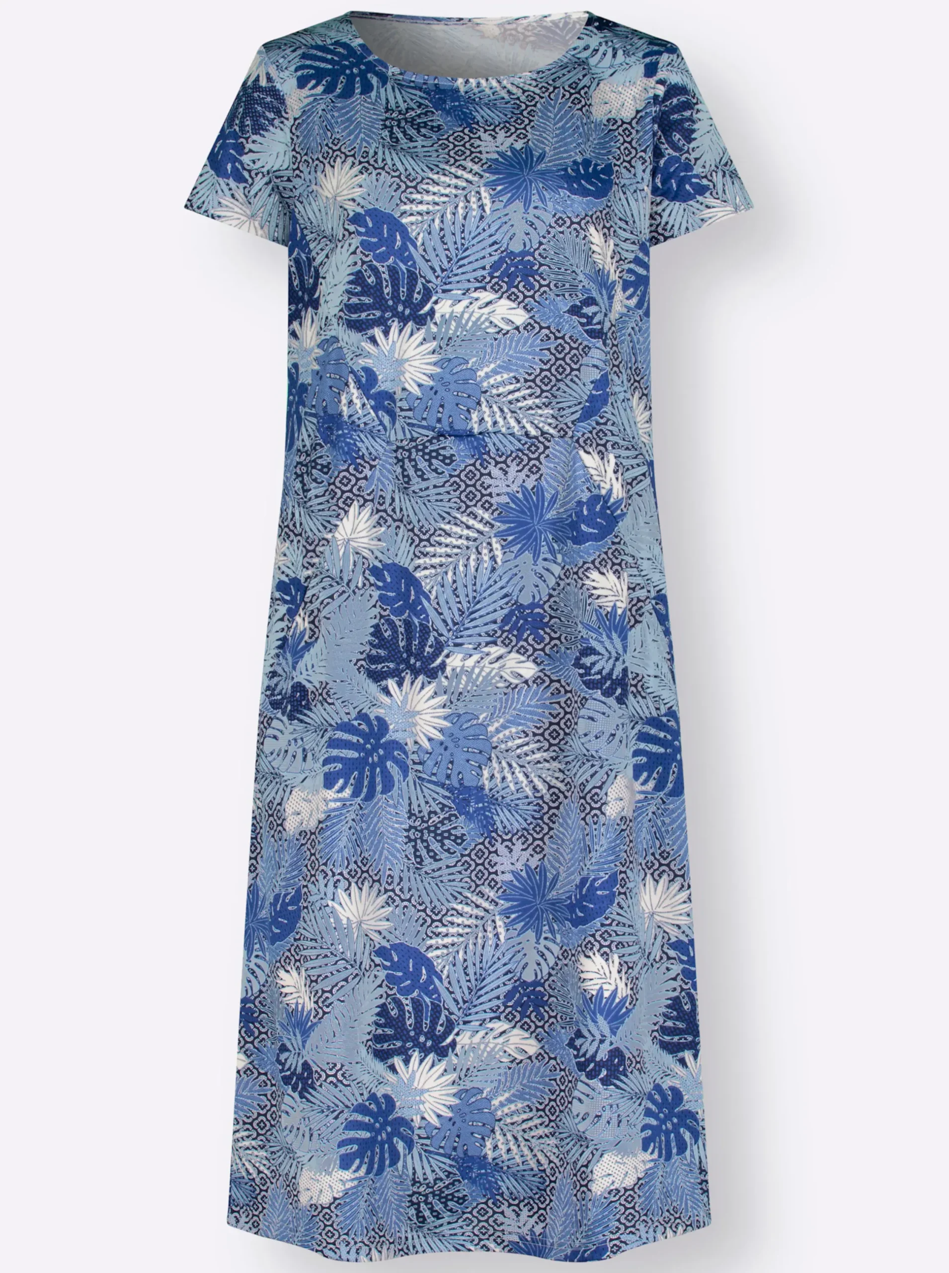 Kleider| Jerseykleid mit Blättermuster bleu-royalblau-bedruckt