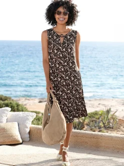 Kleider|heine Jerseykleid mit Blätter-Print schwarz-sand-bedruckt