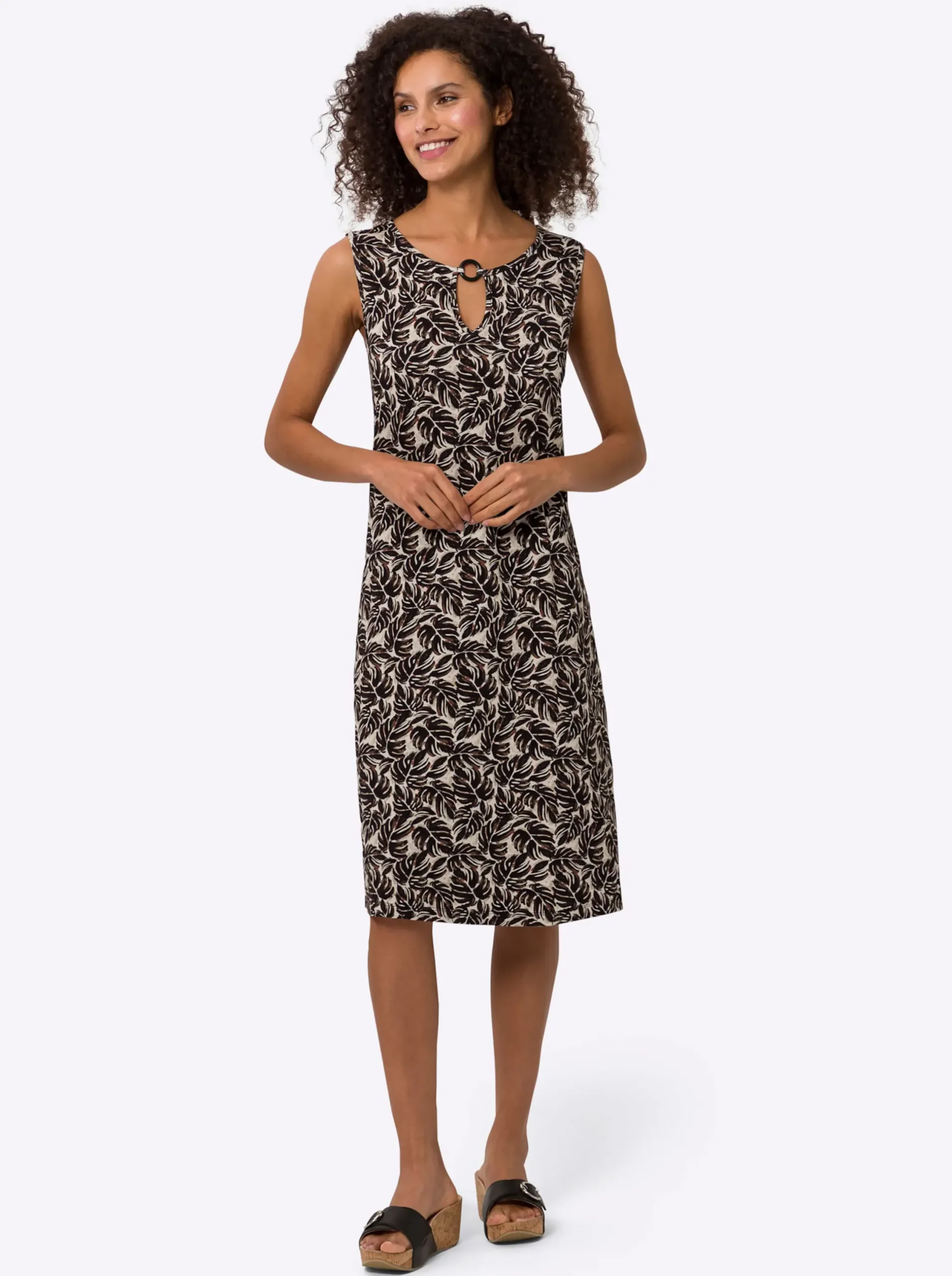 Kleider|heine Jerseykleid mit Blätter-Print schwarz-sand-bedruckt