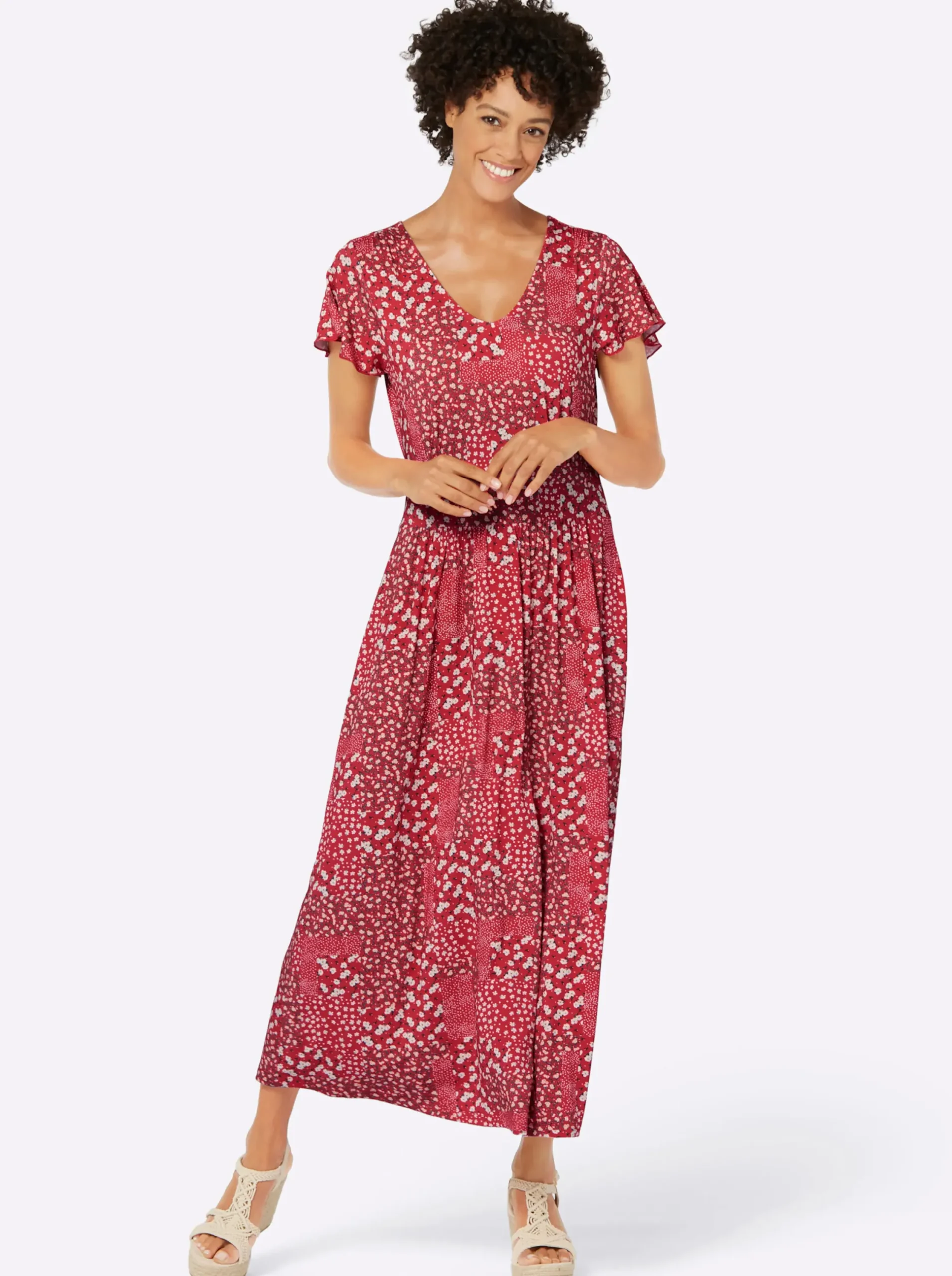 Kleider| Jerseykleid mit Flügel-Ärmeln erdbeere-champagner-bedruckt