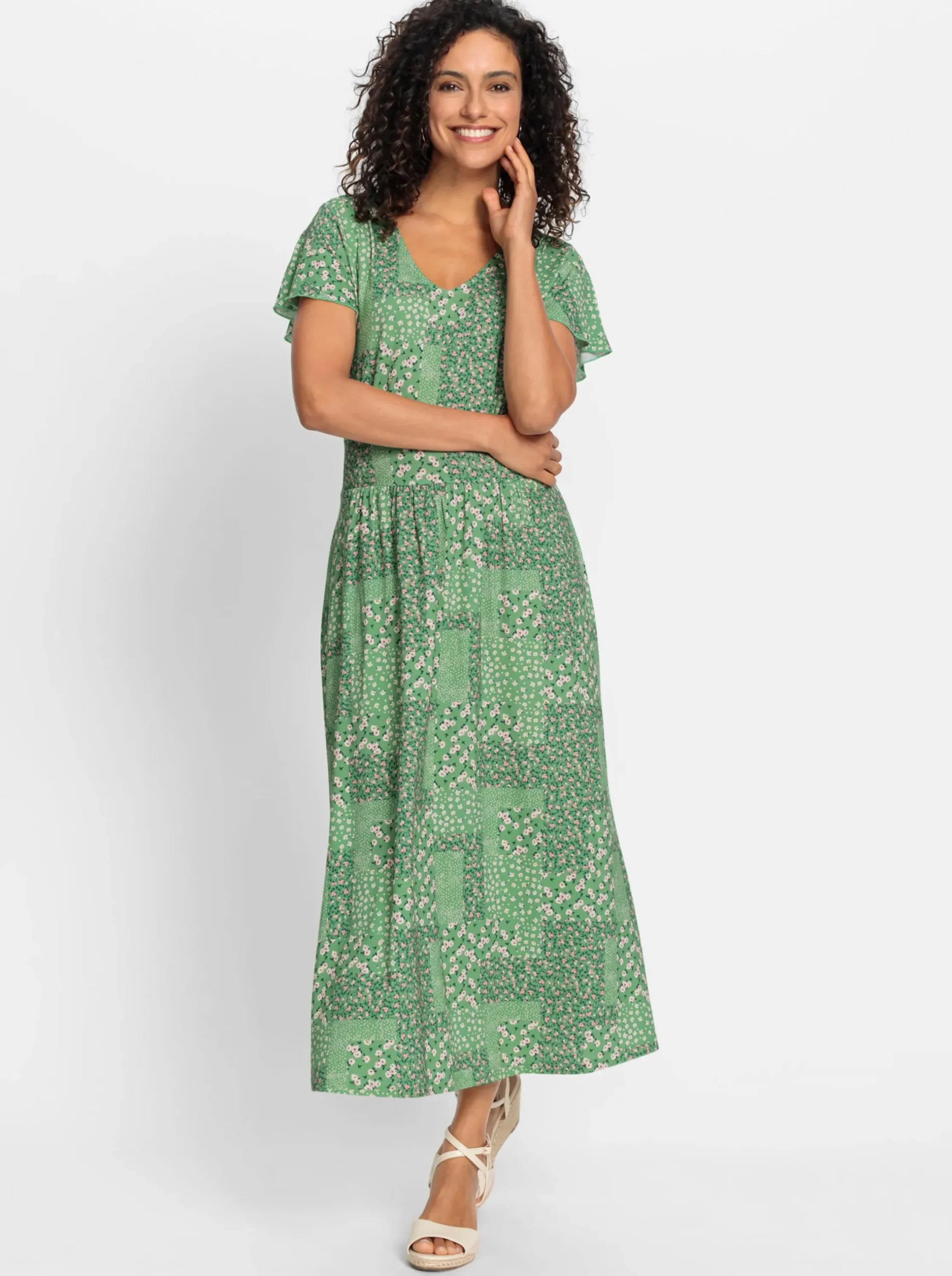 Kleider| Jerseykleid mit Flügel-Ärmeln apfel-champagner-bedruckt