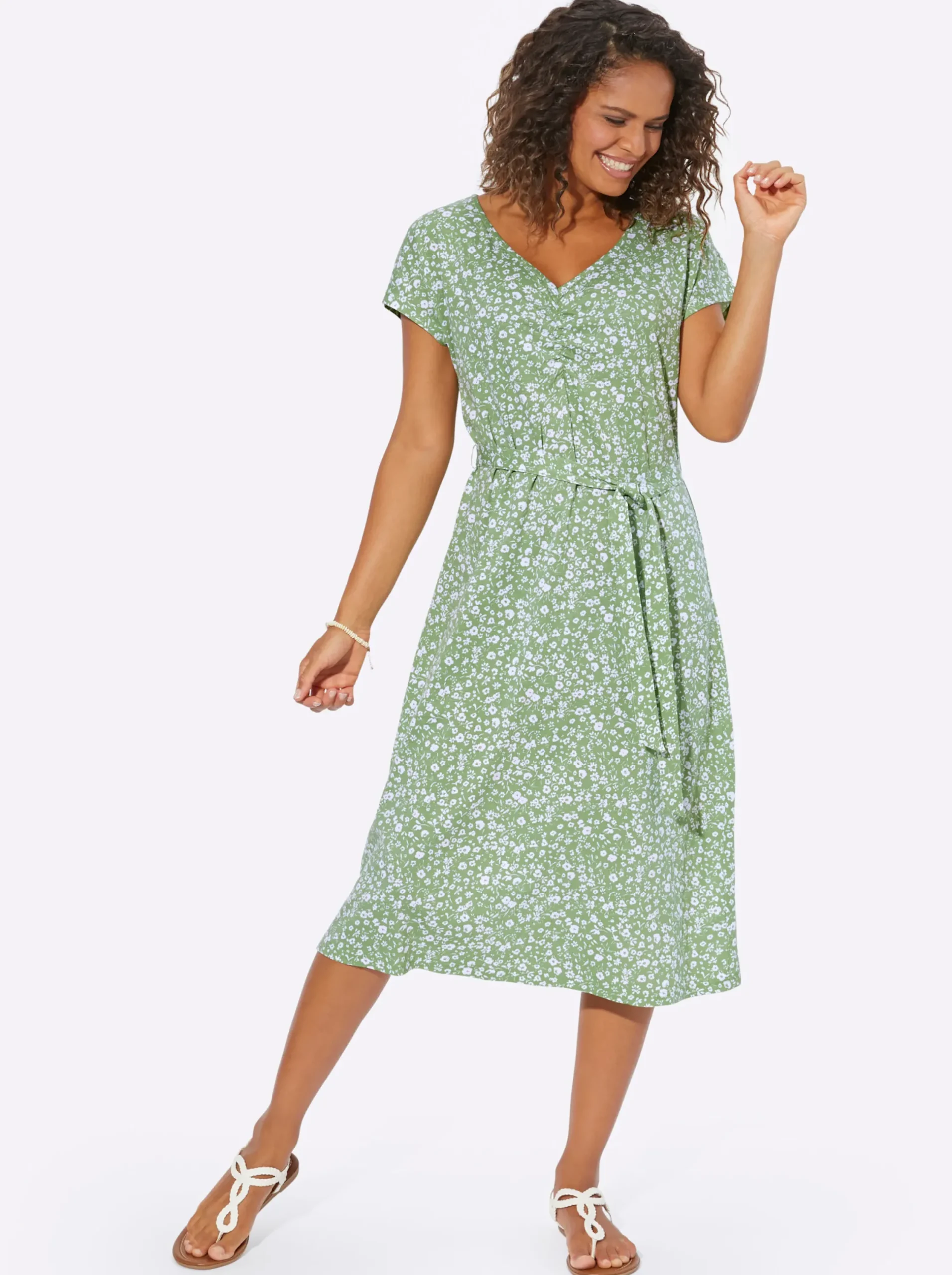 Kleider| Jerseykleid mit gerafftem V-Ausschnitt eucalyptus-weiß-bedruckt