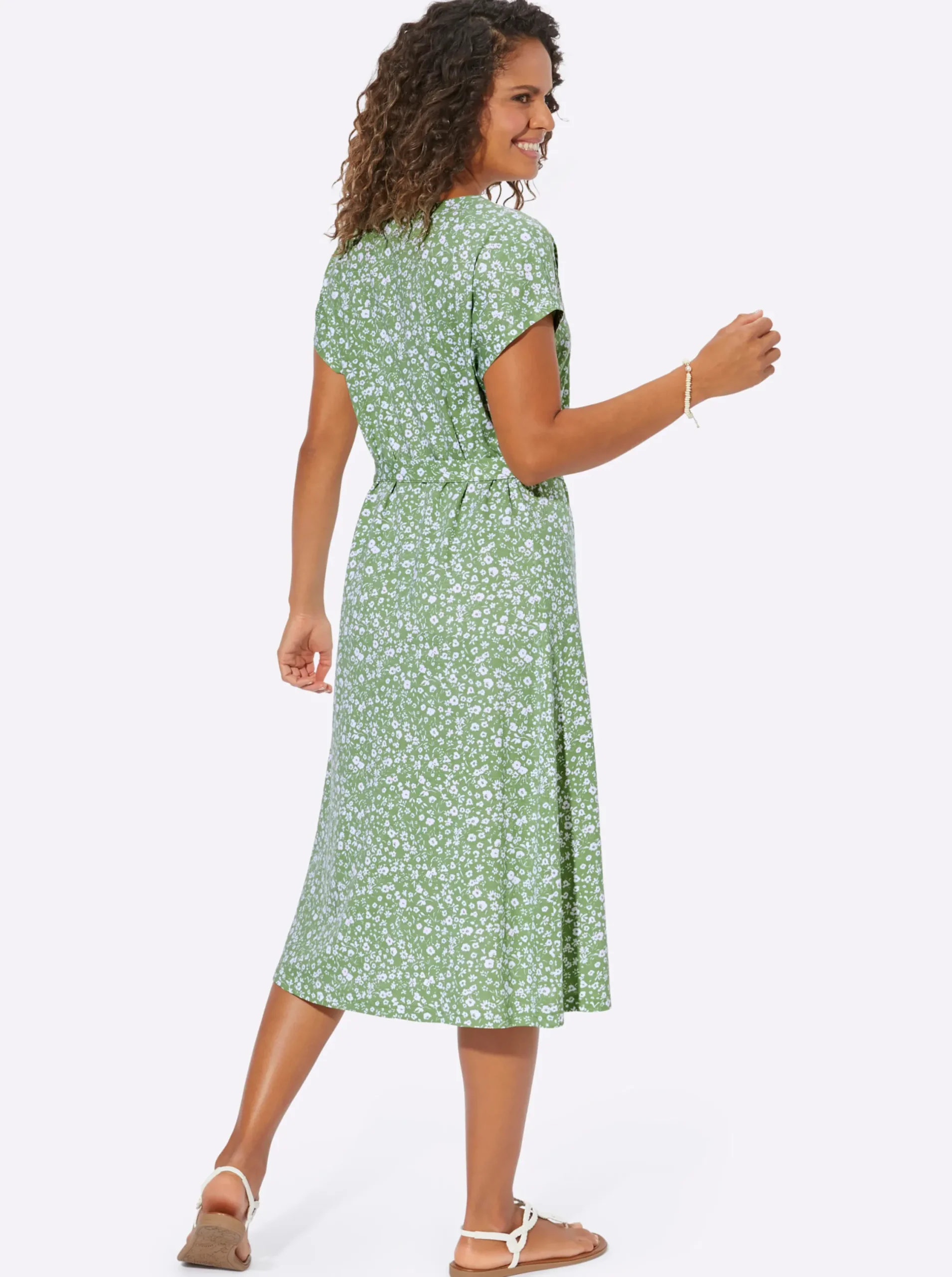 Kleider| Jerseykleid mit gerafftem V-Ausschnitt eucalyptus-weiß-bedruckt