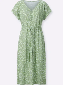 Kleider| Jerseykleid mit gerafftem V-Ausschnitt eucalyptus-weiß-bedruckt