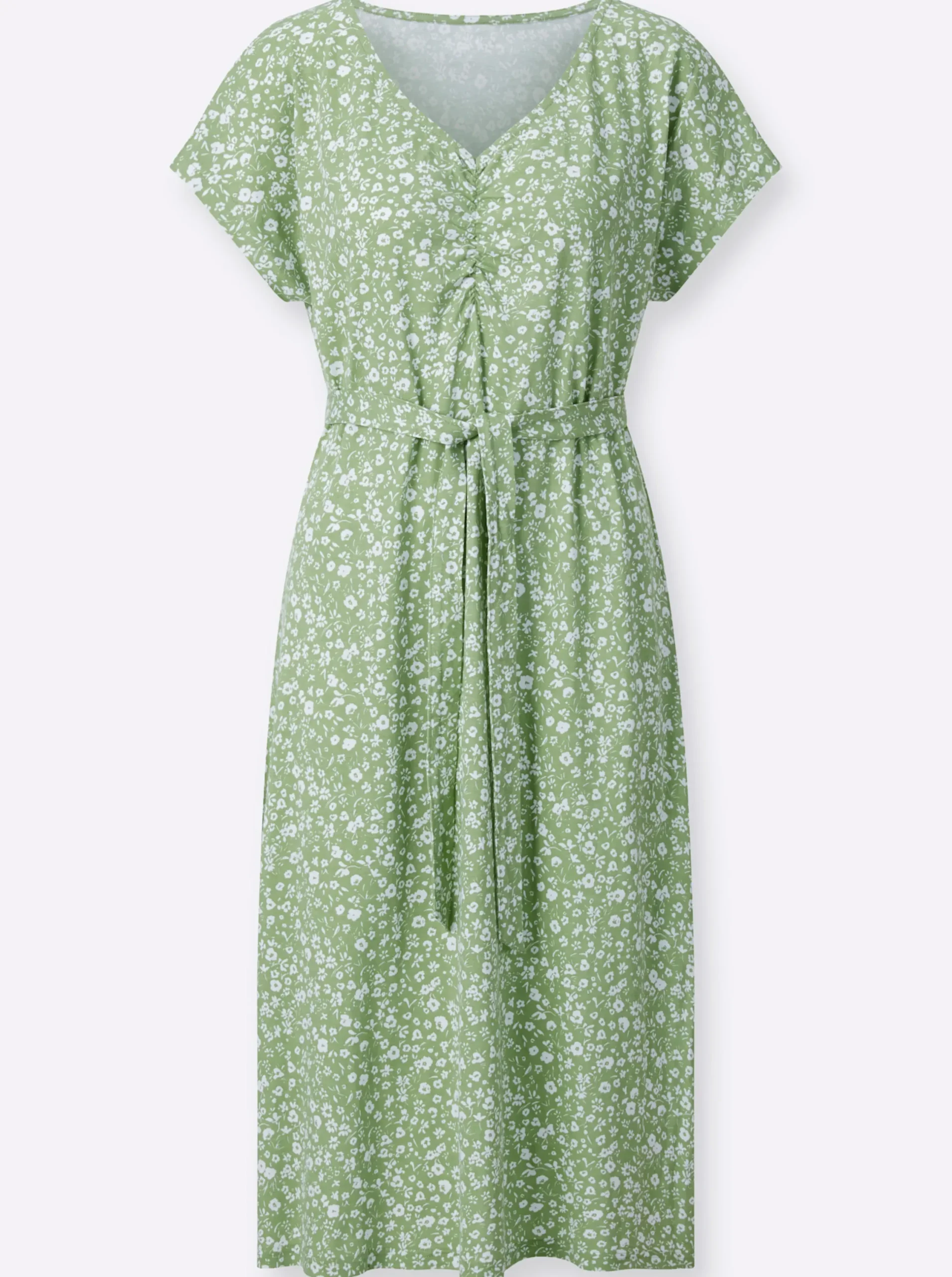 Kleider| Jerseykleid mit gerafftem V-Ausschnitt eucalyptus-weiß-bedruckt