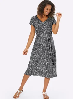 Kleider| Jerseykleid mit gerafftem V-Ausschnitt schwarz-weiß-bedruckt