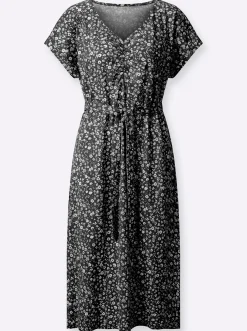 Kleider| Jerseykleid mit gerafftem V-Ausschnitt schwarz-weiß-bedruckt