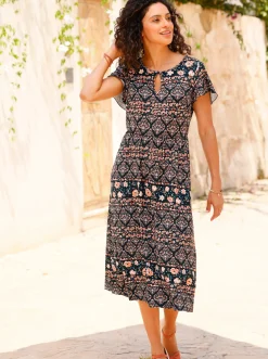 Kleider| Jerseykleid mit Gummizug auf Taillenhöhe papaya-schwarz-bedruckt