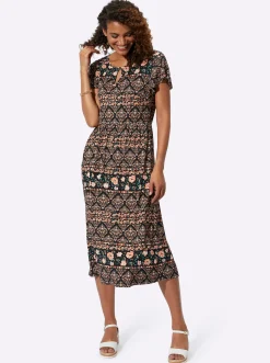 Kleider| Jerseykleid mit Gummizug auf Taillenhöhe papaya-schwarz-bedruckt