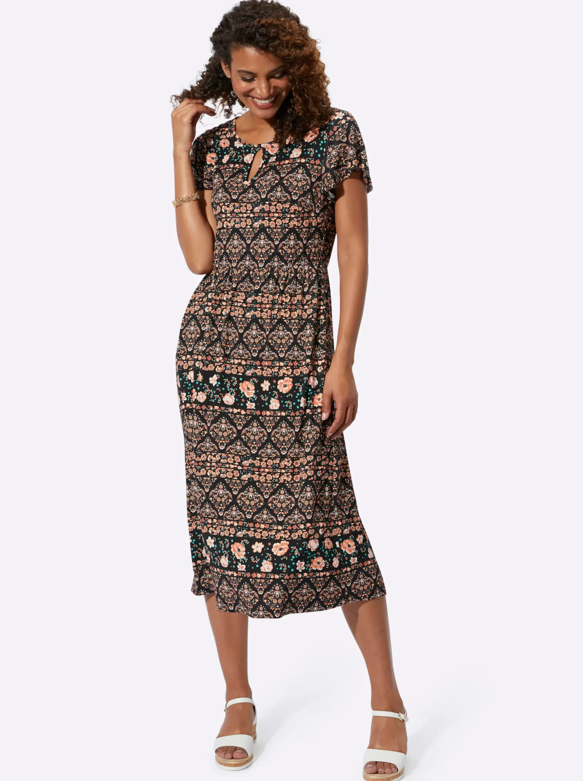 Kleider| Jerseykleid mit Gummizug auf Taillenhöhe papaya-schwarz-bedruckt