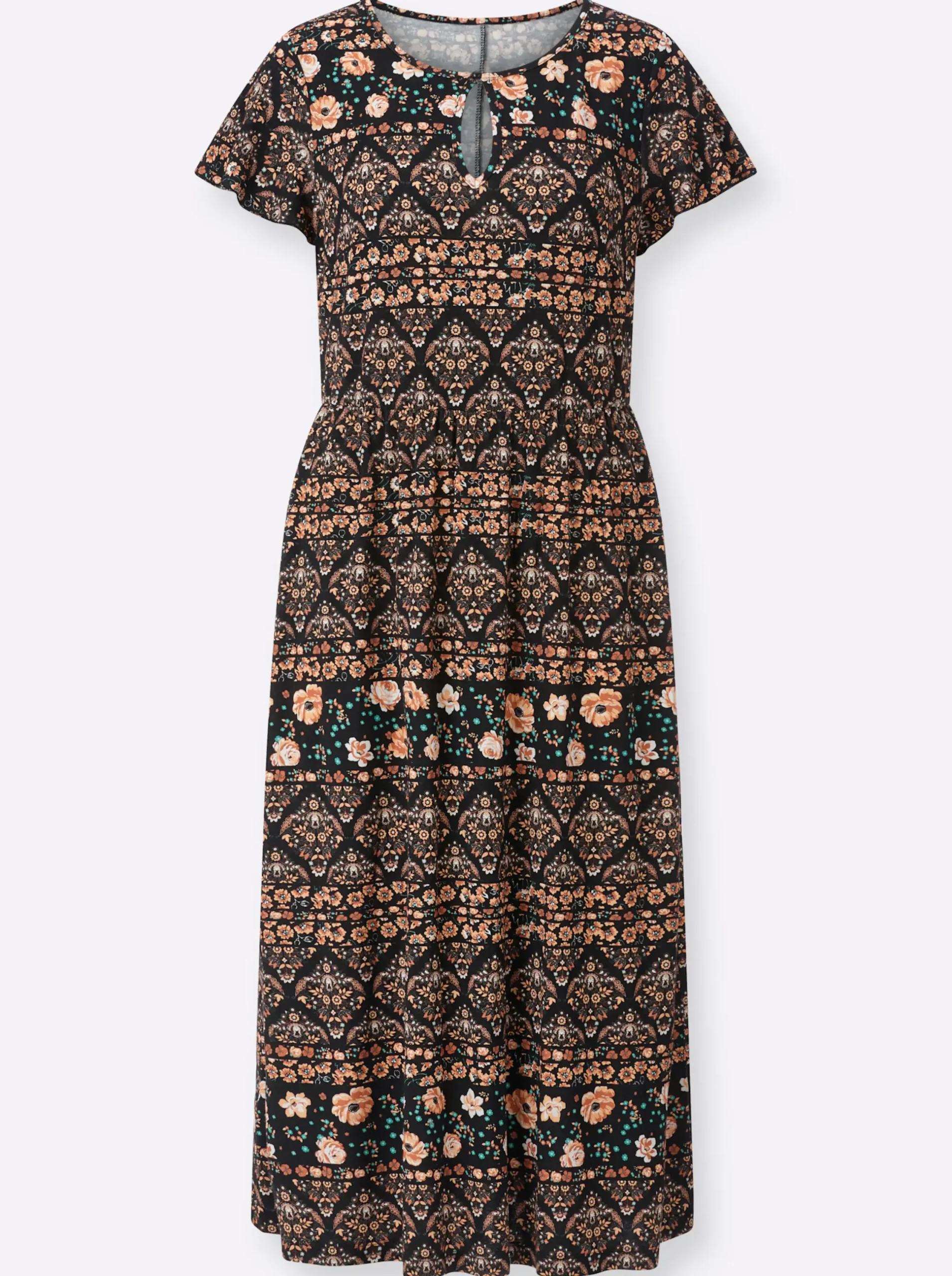 Kleider| Jerseykleid mit Gummizug auf Taillenhöhe papaya-schwarz-bedruckt