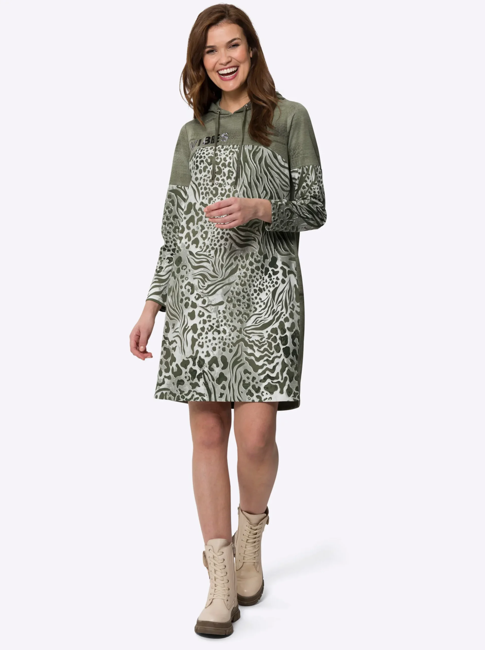 Kleider|heine Jerseykleid mit Kapuze, Animal-Druck khaki-ecru-bedruckt