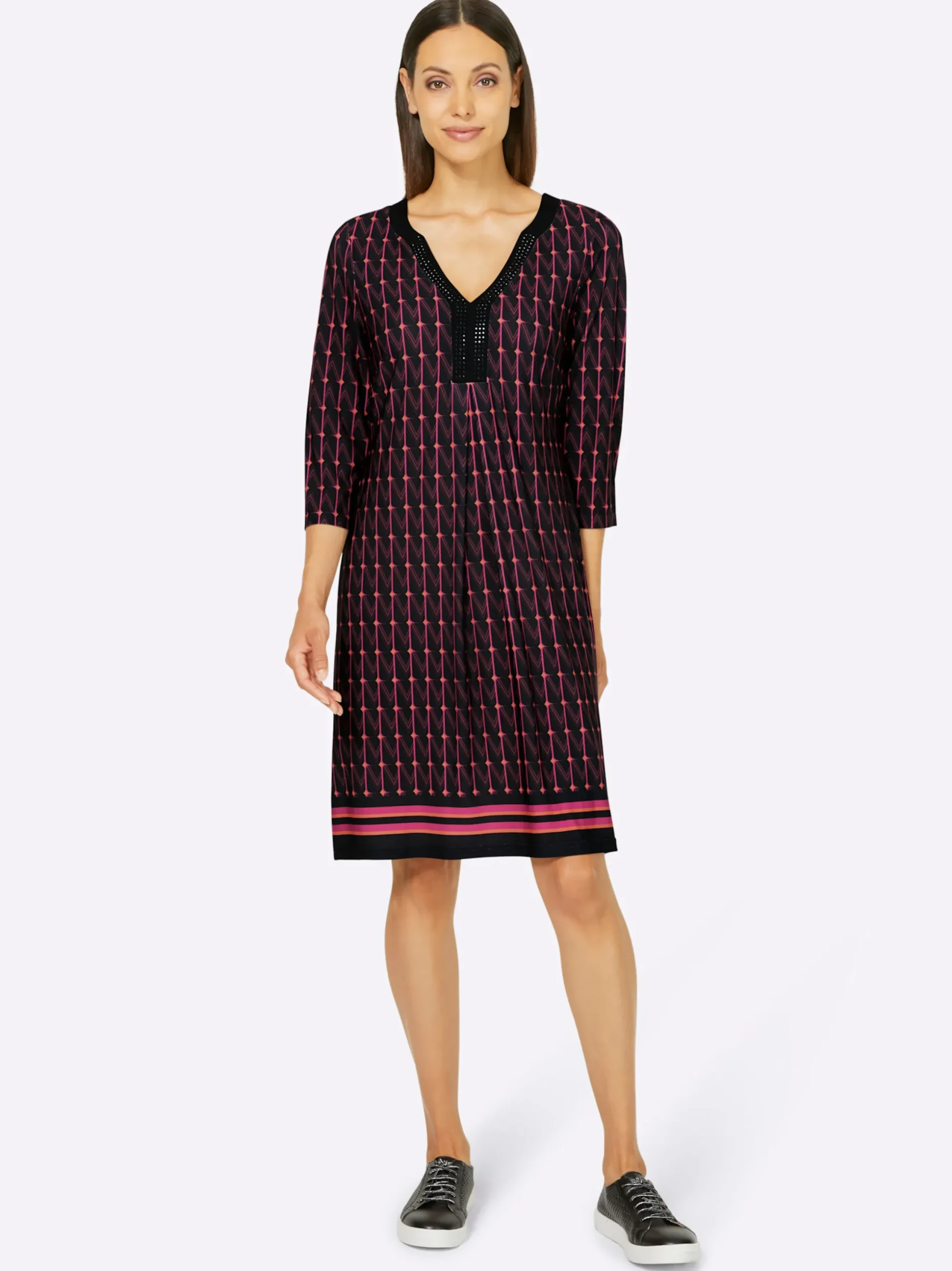 Kleider|heine Jerseykleid mit Kontraststreifen schwarz-magenta-bedruckt