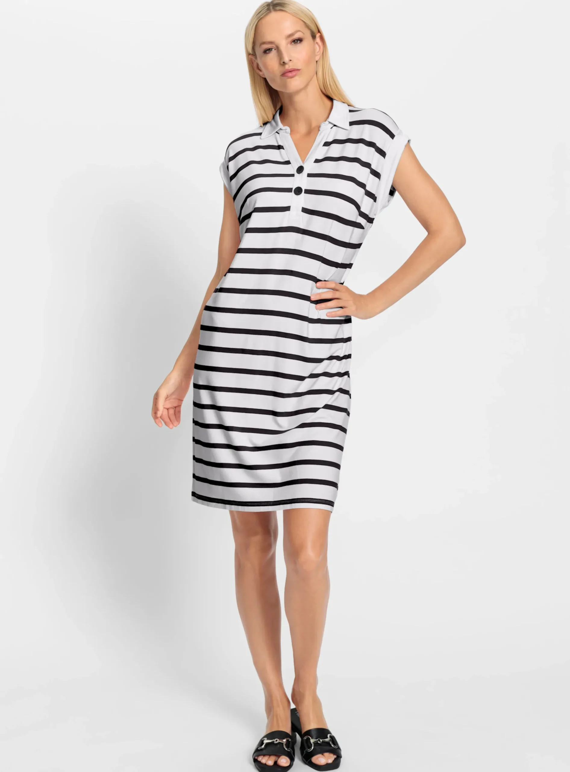 Kleider|heine Jerseykleid mit Polokragen weiß-schwarz-gestreift