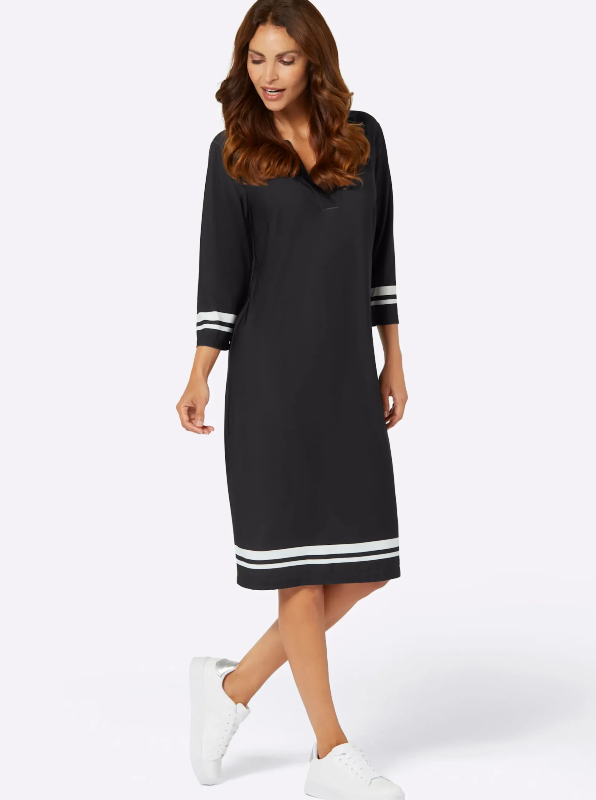 Kleider| Jerseykleid mit 3/4-Ärmeln schwarz-ecru