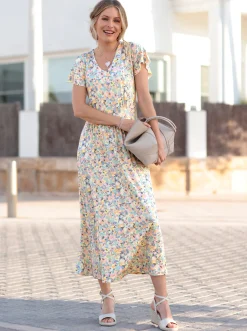 Strandkleider|Kleider| Jerseykleid mit Smok-Partie hinten champagner-bedruckt