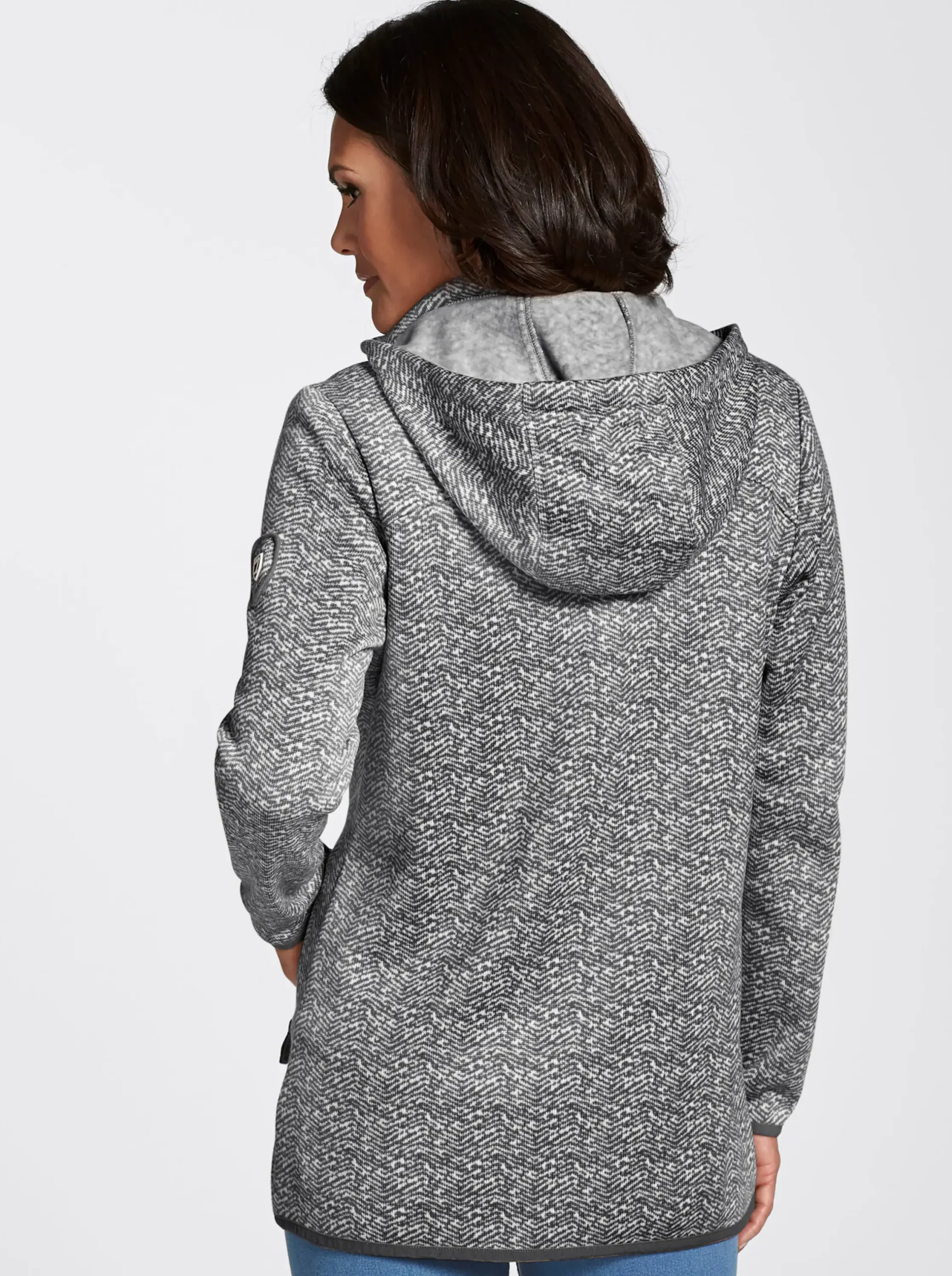 Jacken| Kapuzenfleecejacke mit abnehmbarer Kapuze grau-weiß-gemustert