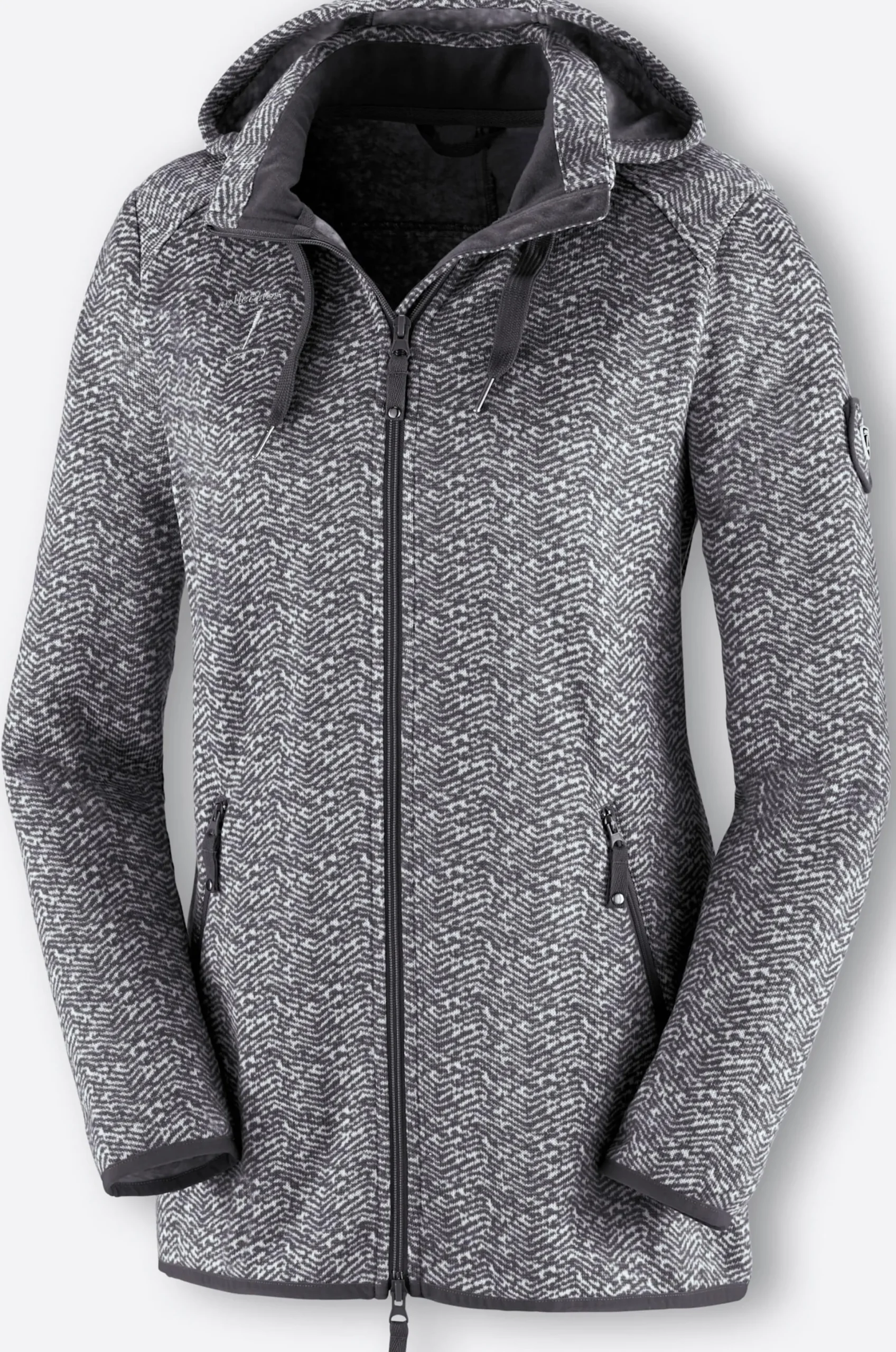 Jacken| Kapuzenfleecejacke mit abnehmbarer Kapuze grau-weiß-gemustert