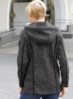 Jacken| Kapuzenfleecejacke mit Umlegekragen schwarz-meliert